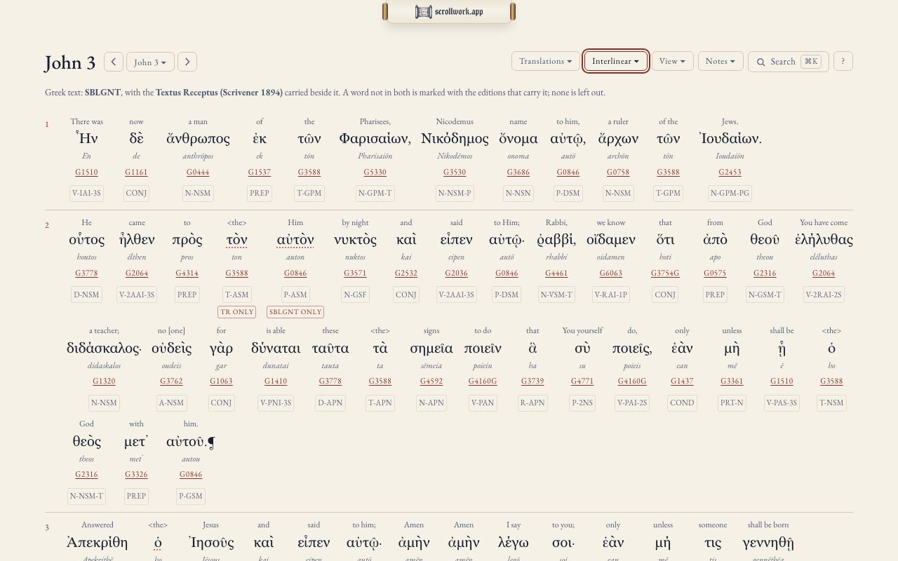 John 3 with the Interlinear open: each Greek word with its gloss, Strong's number and grammar